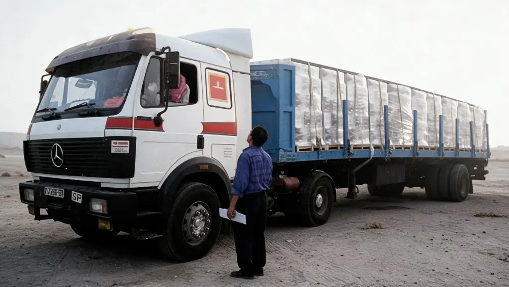 Contractor speaking with a driver beside a loaded truck and trailer